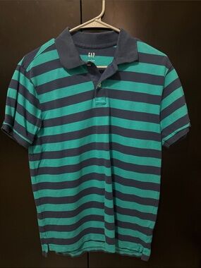 GAP Men's Teal and Navy Horizontal Stripe Polo